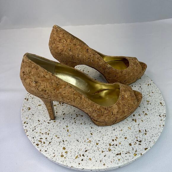 Nine West Tan Specked Cork Heel Peep Toe 4" Pumps Shoes Women's Size 9.5 - Picture 2 of 11